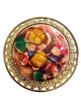 Vintage Reverse Carved Lucite Brooch Gold Tone Floral Pin 1950s New Old Stock